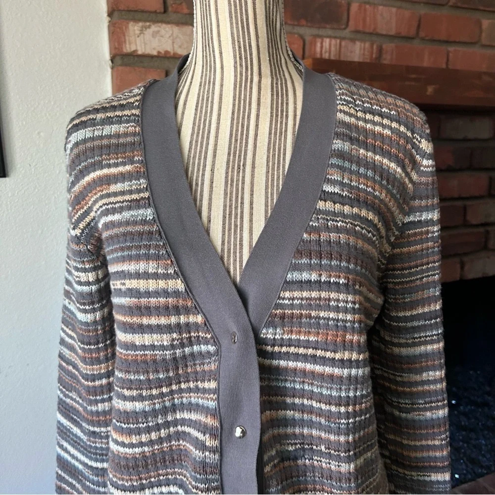 PXG Women’s Open Knit Striped Cardigan in Multi Gray Sz L